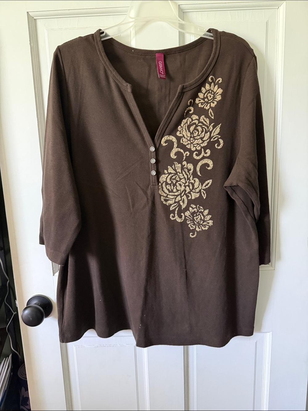 Gitano Brown Long Sleeve Henley with Gold Floral Detail